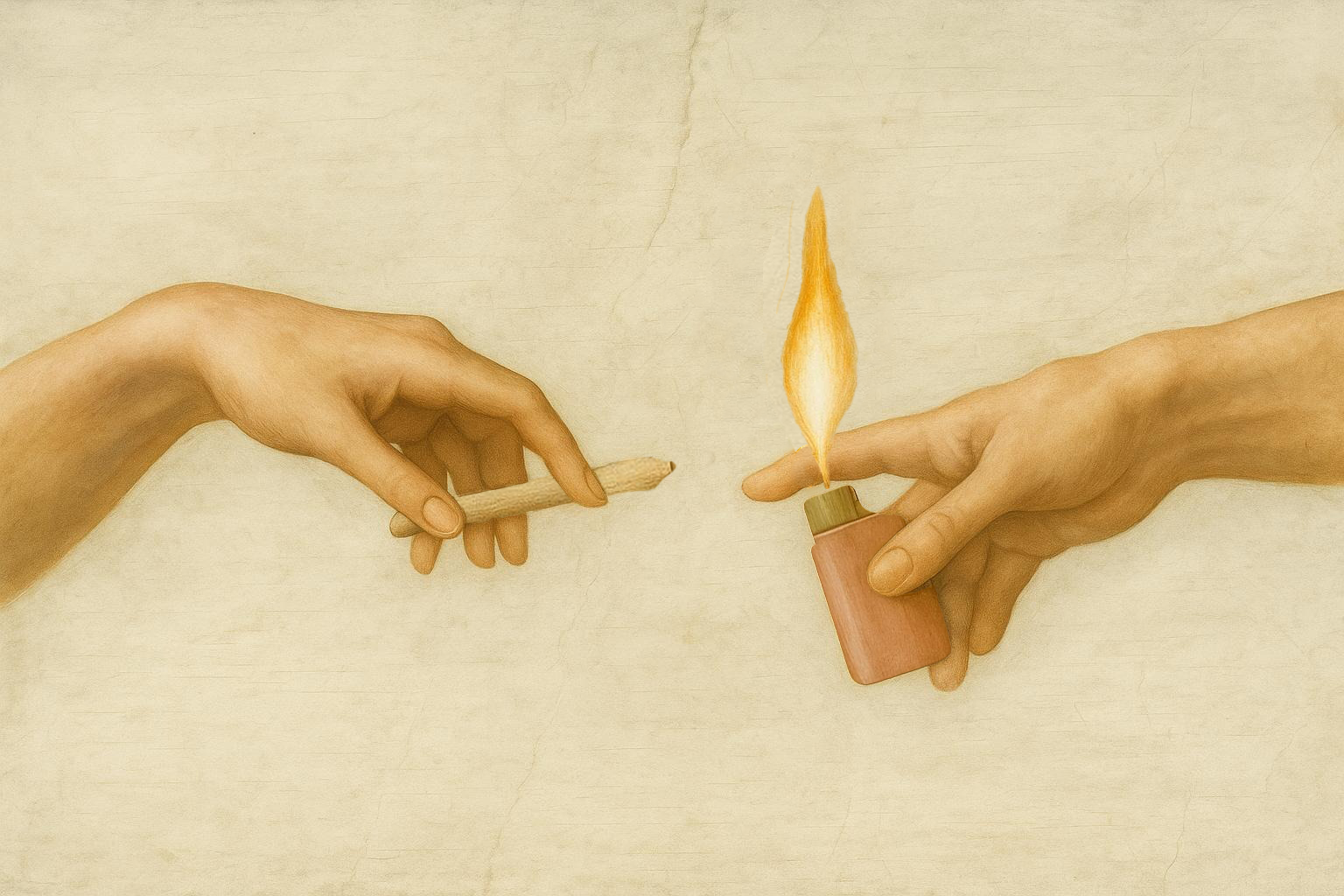 A modern version of Michaelangelo's Creation of Adam, featuring one hand hold a reefer and the other hand holding a lighter
